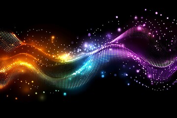 Obraz premium Vibrant, multicolored particle waves on a dark background.
