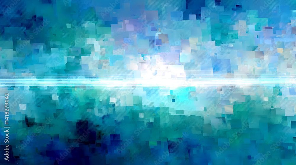 Poster abstract blue and teal pixelated texture background with a bright horizontal line, suggesting digita