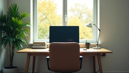Empty chair at desk facing screen, plant, window , stillness, empty