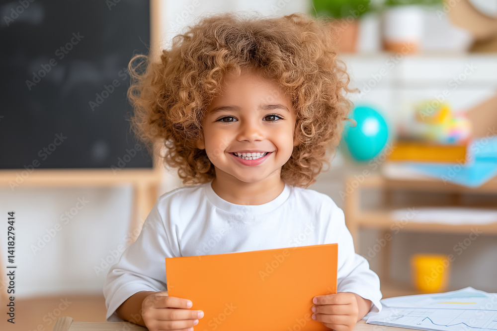 Poster smiling child holding orange paper in creative classroom environment with colorful items around