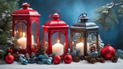 A festive winter scene featuring two vintage red lanterns with glowing candles, surrounded by evergreen branches