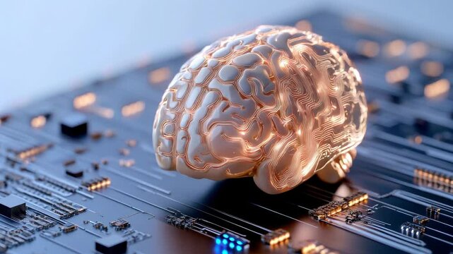 Artificial intelligence concept &mdash; a glowing brain with digital neural circuits integrated into a microchip. Symbol of AI, cybernetics, and advanced technology.