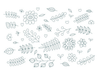 Hand-drawn floral doodles with leaves, flowers, and branches. Simple botanical line art collection. Perfect for design, scrapbooking, cards, and nature-themed projects.