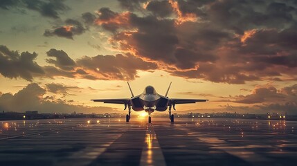 F-35 fighter jet on runway, front view. Aircraft making final approach to landing strip. Airforce tech, military aviation engineering, defense industry, speed and power. Generative AI background
