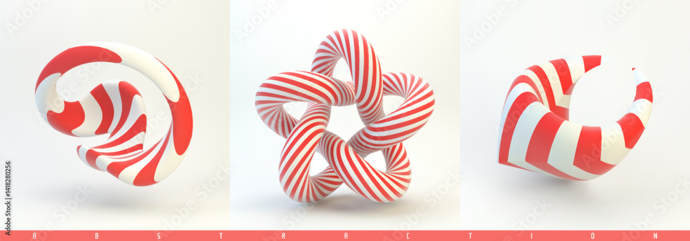 Wall mural star, ring and abstract curved liquid shape. set of striped 3d geometric shapes. optical art. vector