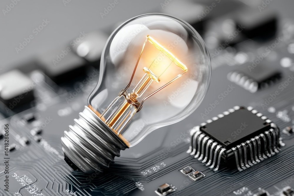 Poster bright ideas in circuitry - illuminated lightbulb resting on a microchip circuit board, symbolizing 
