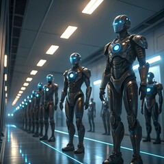 Futuristic Humanoid Robots in a High-Tech Laboratory