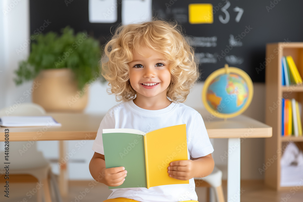 Poster smiling child holding colorful book in a bright classroom with educational decor and a globe on disp