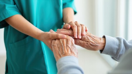 A female nurse caregiver holds hands to encourage and comfort an elderly woman. For care and trust in nursing homes for people of retirement age Caregiver helping elderly woman provides medical advice