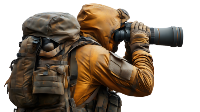 Photographer with large camera and backpack taking a picture