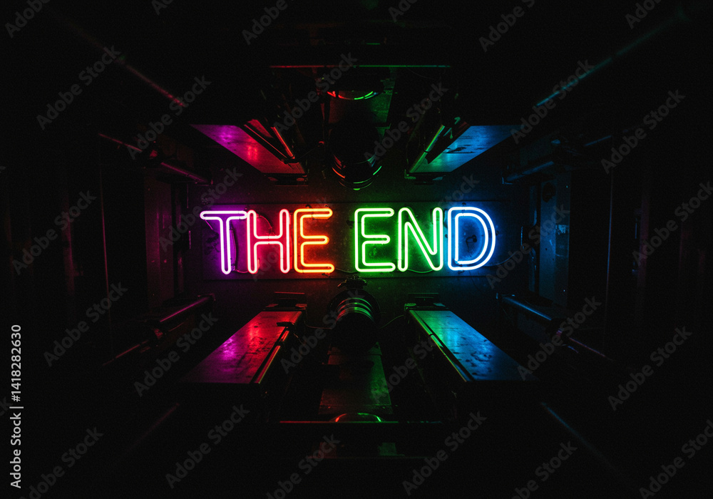 Poster neon sign the end glowing with vibrant colors in dark industrial space creating a captivating visual