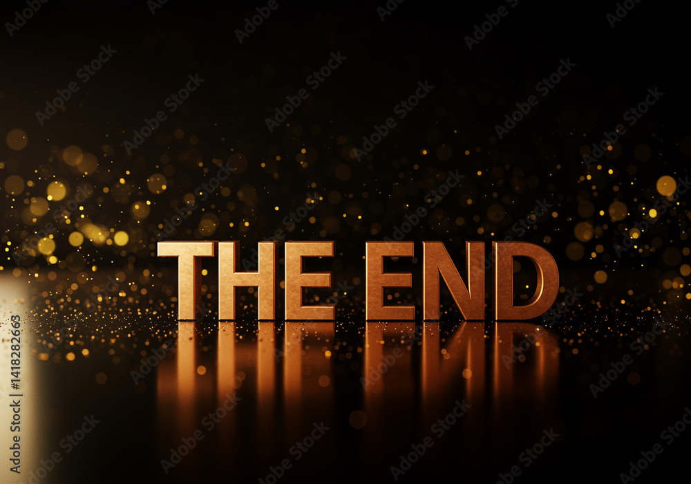Poster gold text the end with bokeh lights on dark background graphic design. golden letters the end with b