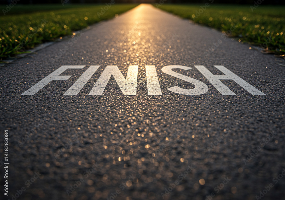 Poster finish line on running track with finish word painted on asphalt road with grass on sides under brig