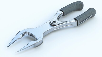 Obraz premium Silver pliers with gray grips against a white background, angled view.