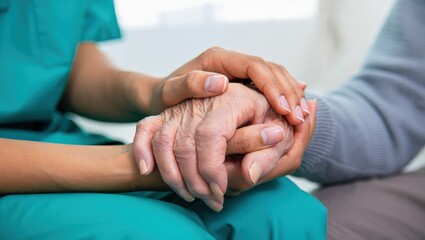 A female nurse caregiver holds hands to encourage and comfort an elderly woman. For care and trust in nursing homes for people of retirement age Caregiver helping elderly woman provides medical advice