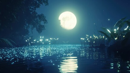 A tranquil moonlit lake reflecting a full moon under a star filled night.