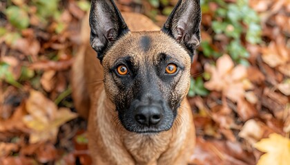 Close-up of a Belgian Malinois in autumn foliage.