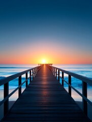 Obraz premium Serene Sunrise Pier - Peaceful sunrise over ocean pier, calm waves, tranquil scene, hope, new beginnings. Symbolizes serenity, tranquility, journey, peace, and aspiration