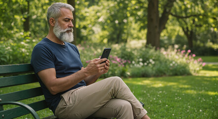 Fototapeta premium Senior man enjoying nature while using smartphone in the park 