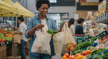 Happy woman shopping for fresh vegetables at market