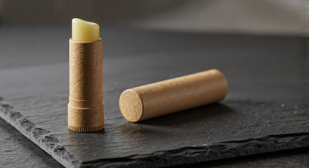 Natural Lip Balm in Eco-Friendly Packaging on Slate Background  