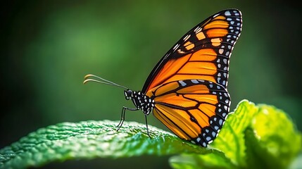 Obraz premium Close-up view of a vibrant monarch butterfly resting on a leaf.