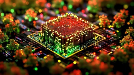 Obraz premium Close-up of a circuit board with plants, futuristic technology concept.