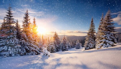 Naklejka premium Winter landscape Snow covered conifer trees and snowflakes at sunrise