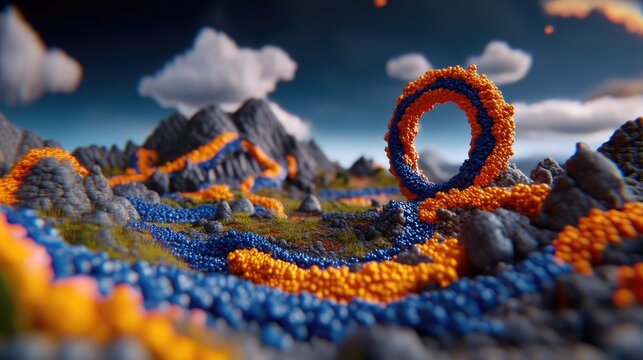 Winding paths and a circular ring made of blue and orange spheres flow through a miniature rocky mountain landscape under a cloudy sky.