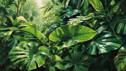 A close-up view of lush tropical foliage featuring large, glossy green leaves, including split and elongated forms