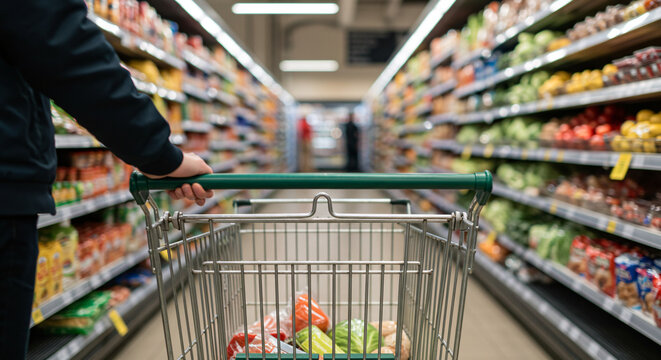 Photorealistic Close-Up of Grocery Store Aisle with Shopping Cart and Fresh Produce
