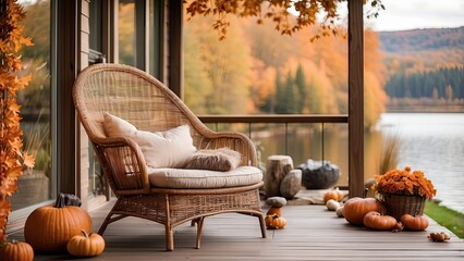 A cozy patio scene featuring a stylish wicker chair with plush cushions, positioned on a wooden deck surrounded by autumn foliage
