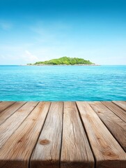 Fototapeta premium Tranquil Island Getaway - Serene ocean view with a small island in the distance, wooden planks in the foreground. Perfect for travel, vacation, or summer themes