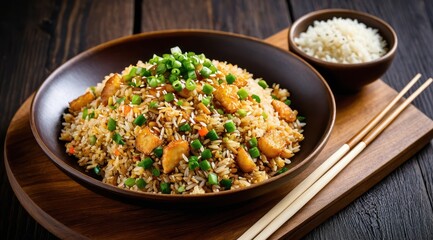 Delicious fried rice with green onions, peas, and crispy chicken pieces served on a wooden platter with chopsticks, creating an appetizing Asian cuisine display