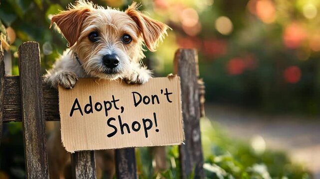 Cute dog peeking over a wooden fence, holding a cardboard sign that says "Adopt, Don’t Shop!" promoting pet adoption awareness.
