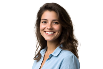 Photograph of a beautiful woman, smiling and looking at the camera, wearing a blue shirt isolated on a transparent background