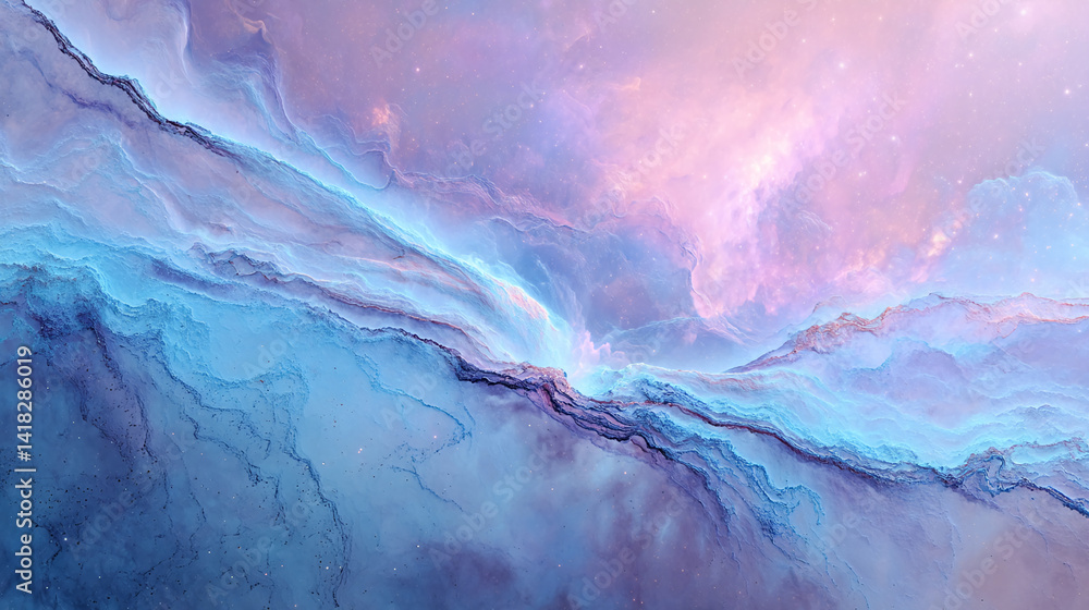 Poster abstract image of blue and purple nebula, resembling a cosmic landscape with swirling clouds and sub