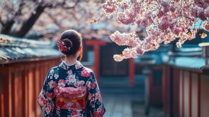 Fototapeta premium Woman in Kimono Walking Under Blooming Cherry Trees in Japan
