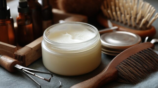 Natural grooming collection with hair care tools and cream for men's hair routine