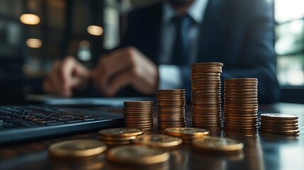 Businessman's increasing financial gain, depicted by stacks of coins.