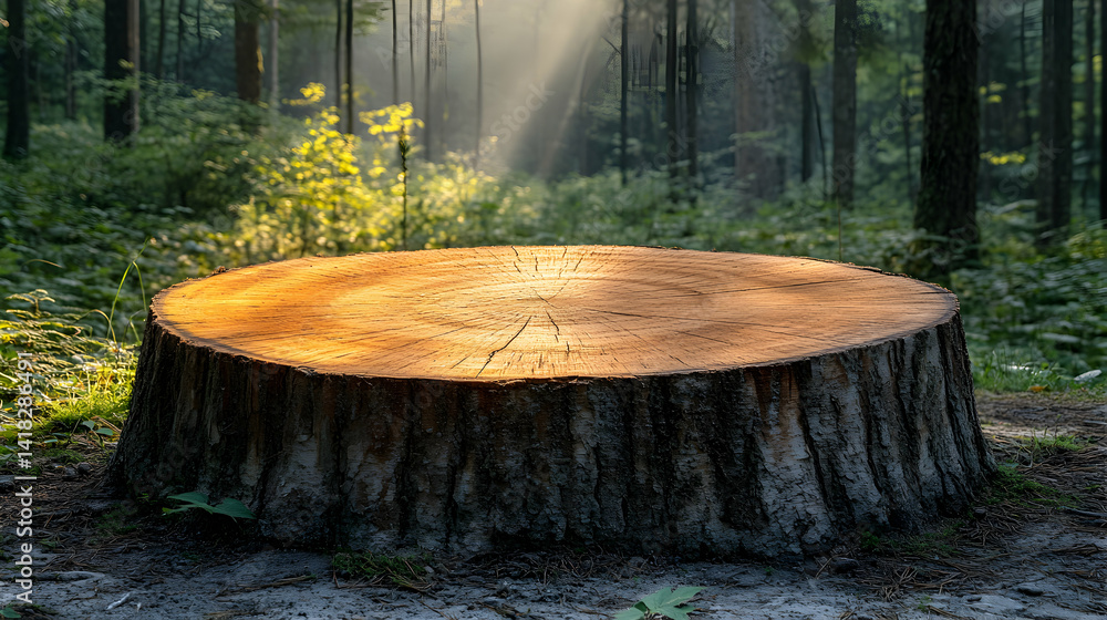 Poster sunlit tree stump in a forest, showcasing the texture of wood and the serene forest background. idea