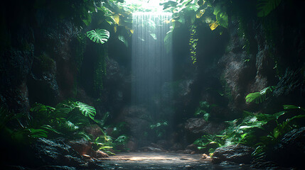 Obraz premium Enchanting rainforest gorge with waterfall, lush vegetation, and mystical atmosphere. Perfect for fantasy, adventure, or nature-themed projects.