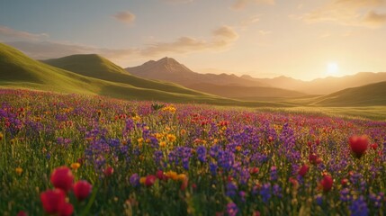 Vibrant wildflower meadow meets serene hills, mountains, & golden sunset glow.