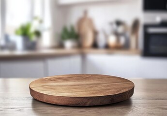 Round wooden board on kitchen table with blurred background, ideal for food presentations, cooking blogs, recipe content, or branding with space for text