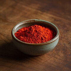 Vibrant paprika powder in rustic bowl warm lighting rich brown wood background