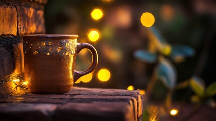 Obraz premium A warm cup of coffee sits on a brick surface with a blurry background.