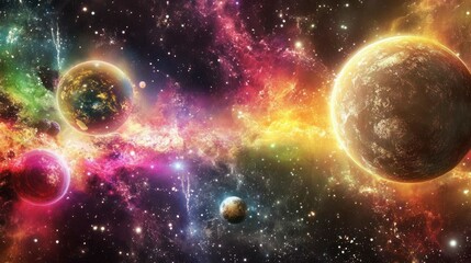 Colorful space illustration with planets, stars, and nebula clouds