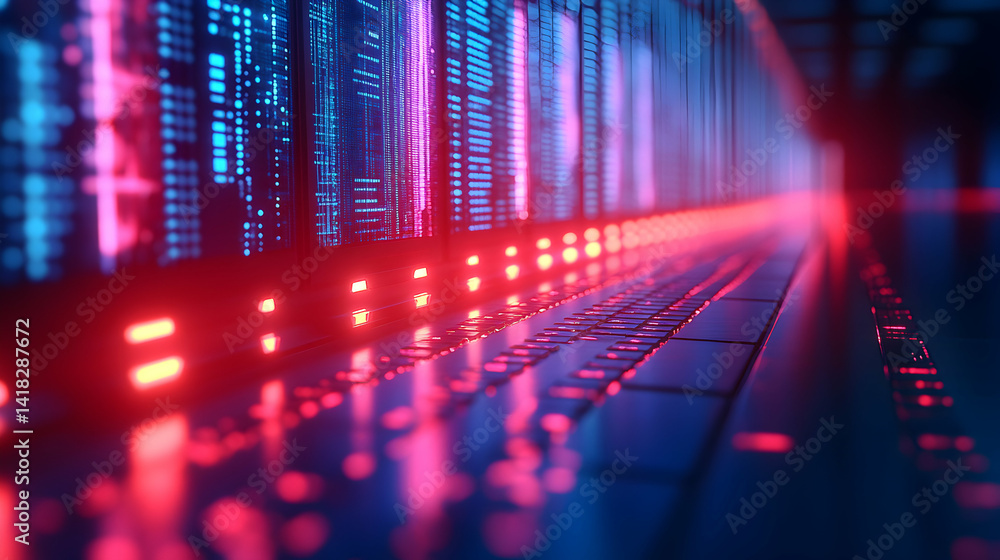 Poster futuristic server room with glowing screens and keyboard, depicting digital data processing and mode