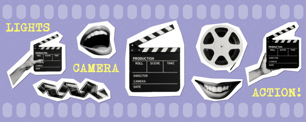 lights camera action filmmaking concept set with clapperboards film tape reel mouth hand holding movie clapper isolated retro halftone dotted collage cut-out element for cinema design