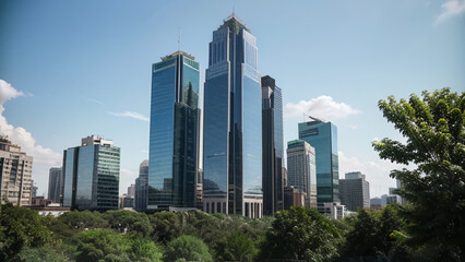 Modern Cityscape with Gleaming Skyscrapers and Lush Green Trees